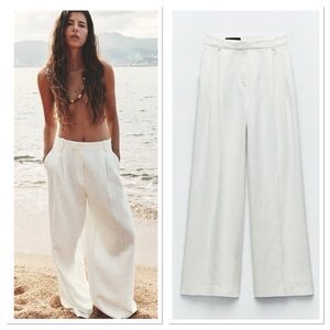 Zara High Waist Wide Leg Rustic Pants Sz:L White